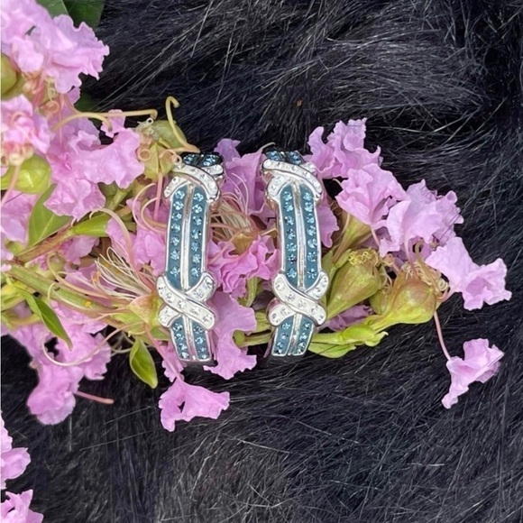 NWT Savvy Cie Rhodium Plated Pave Blue Crystal & SilverTone Hoop Earrings - Picture 2 of 12